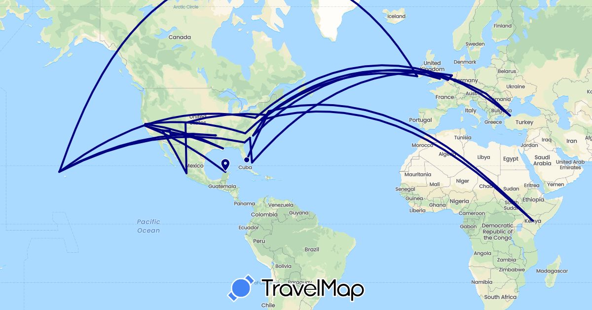 TravelMap itinerary: driving in Belgium, Bahamas, United Kingdom, Hungary, Ireland, Kenya, Mexico, Netherlands, Turkey, United States (Africa, Asia, Europe, North America)